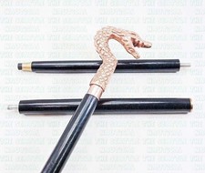 Vintage Antique Designer Dragon Head Handle 3 Fold Black Wooden Cane Walking