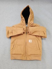 Carhartt Jacket Youth XXS 4-5 Duck Brown Quilted Lining Hooded Boys Zipper Coat