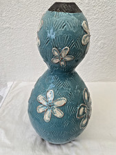 STUNNING SQUASH VASE bi-lobed in STONEWARE, crackled enamel turquoise blue VGC