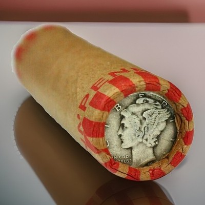 Old US Mercury Silver Dime On One End ~ Wheat Penny Lincoln Cent Roll ~
