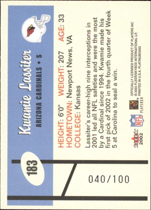 2002 Fleer Platinum Finish #183 Kwamie Lassiter /100 - FB - Image 2 of 2