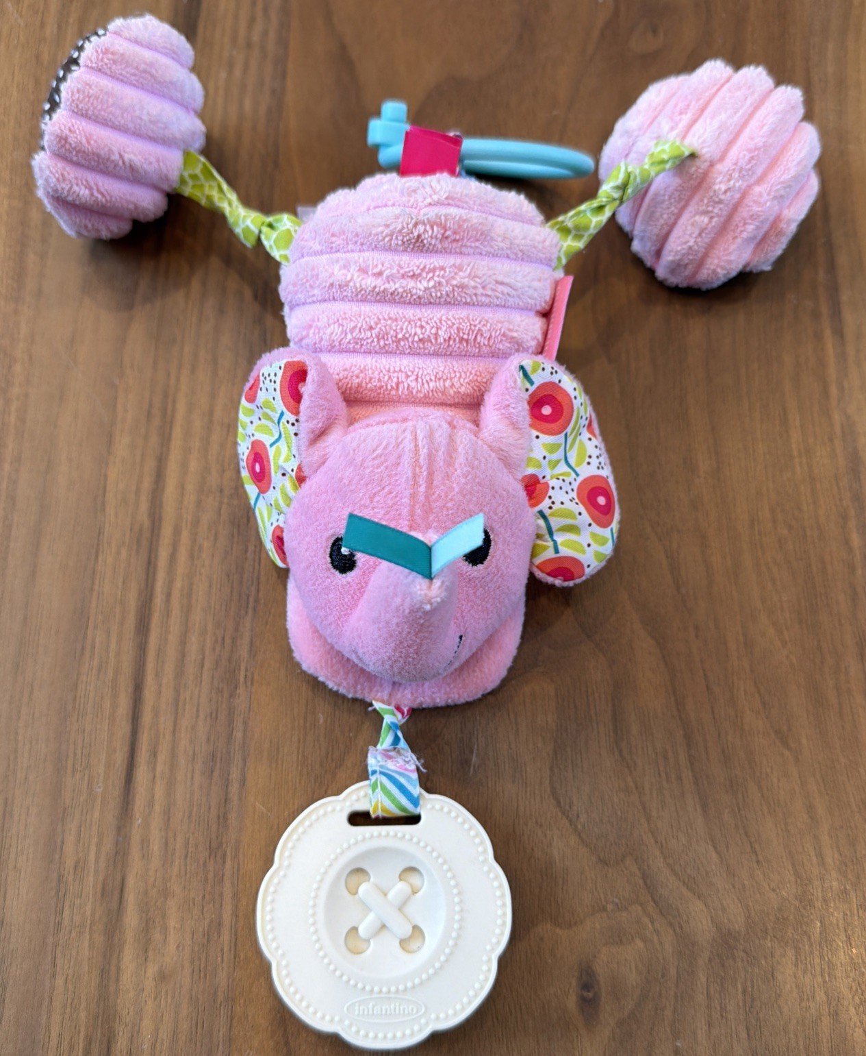 Infantino Go Gaga Jittery Pink Elephant Soft Silicone Teether Carrier Baby Pull