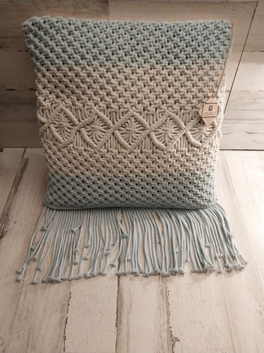 Macrame Throw Pillow Teal Aqua White With Fringe - Picture 2 of 4
