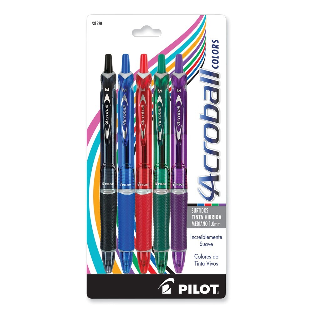 Pilot 31820 Medium 1 mm Hybrid Gel Pen- Assorted Ink &Barrel Colors (5/Pack) New