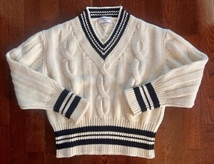 THOM BROWNE Wool Tennis Cricket Sweater White Black Trim 1 Oversized Fits Medium