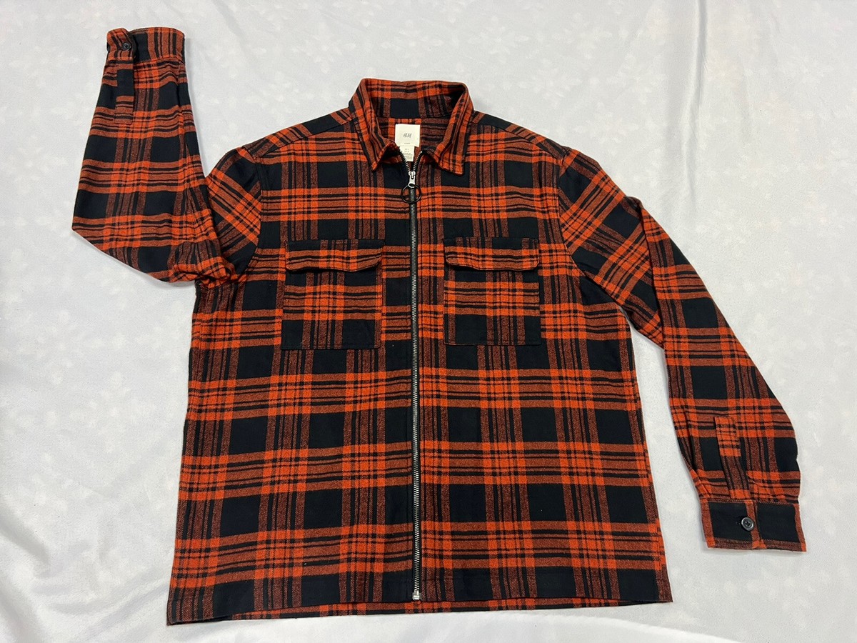 H&M Mens Twill Shacket Full Zip Shirt Jacket Orange Blue Plaid