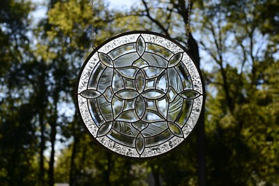 Handcrafted All Clear stained glass Round Beveled window panel 21'' Dia