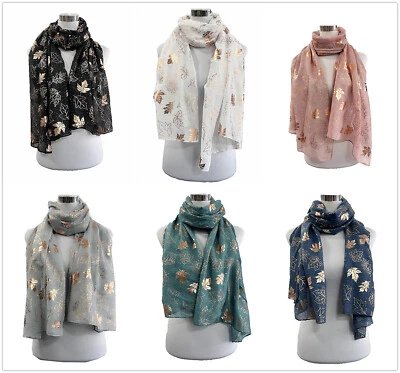Ladies Women Soft Summer Scarf with Foil Golden Maple leaves Partten Scarf