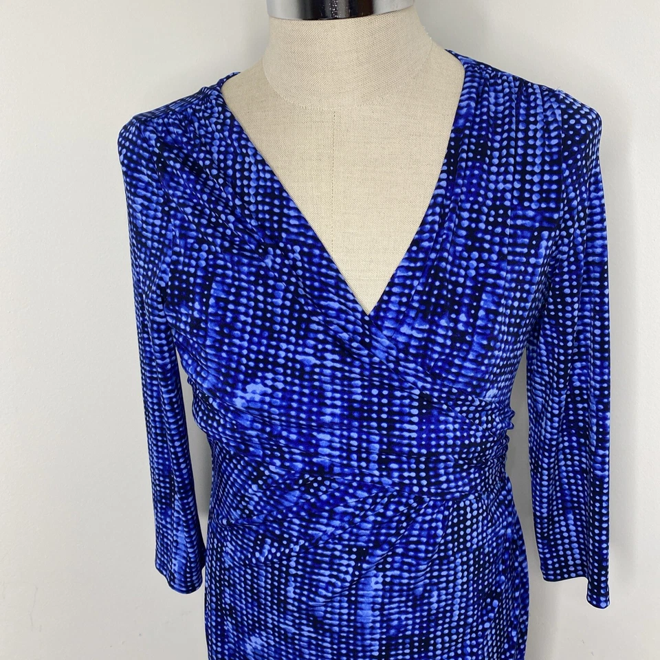 Ralph Lauren Dress Royal Blue Sz 12 Ruched Side V Neck Wiggle Midi 3/4 Wrap Look - Image 2 of 4