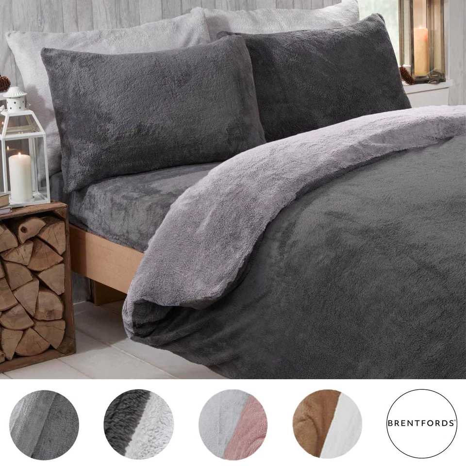 OHS Reversible Teddy Fleece Duvet Cover with Pillowcase Bedding Set Grey