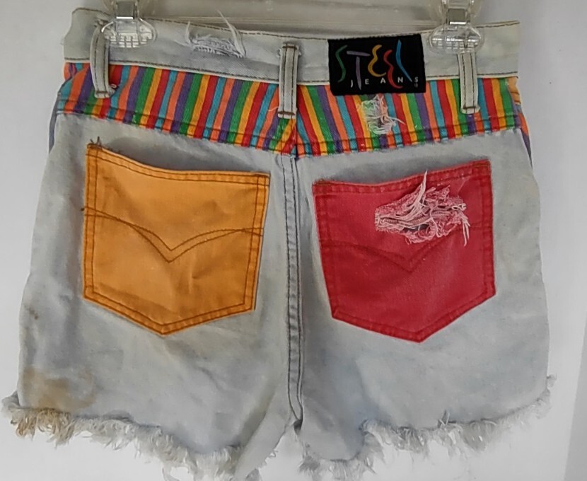 Short Jean Vintage Steel Jeans – Taille 5 – Années 90 – Bloc De Couleurs