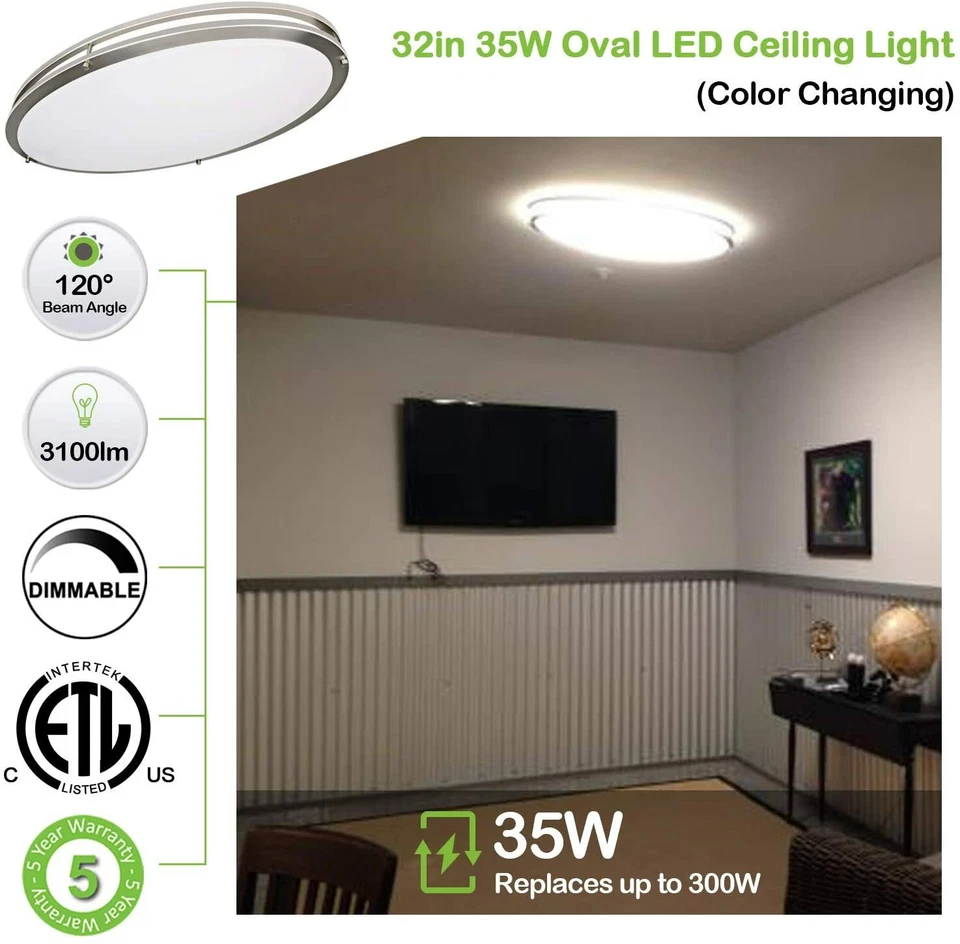 32" Oval LED Ceiling Light 35W 300W Equivalent 3100LM 3000K/4000K/5000K Switch - Image 2 of 4