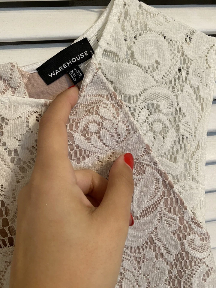 Almacén Desnudo Blanco Encaje Mini ceñido al cuerpo Invierno Fiesta Cóctel Vestido de Verano 8 Foto 4 de 4