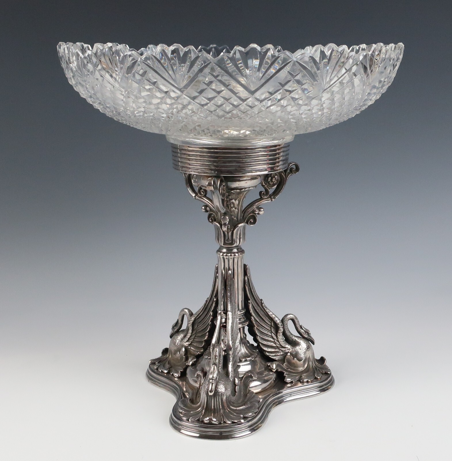 Antique Silver Plate Cut Crystal Swan Tazza Table Centerpiece Bowl Compote Glass