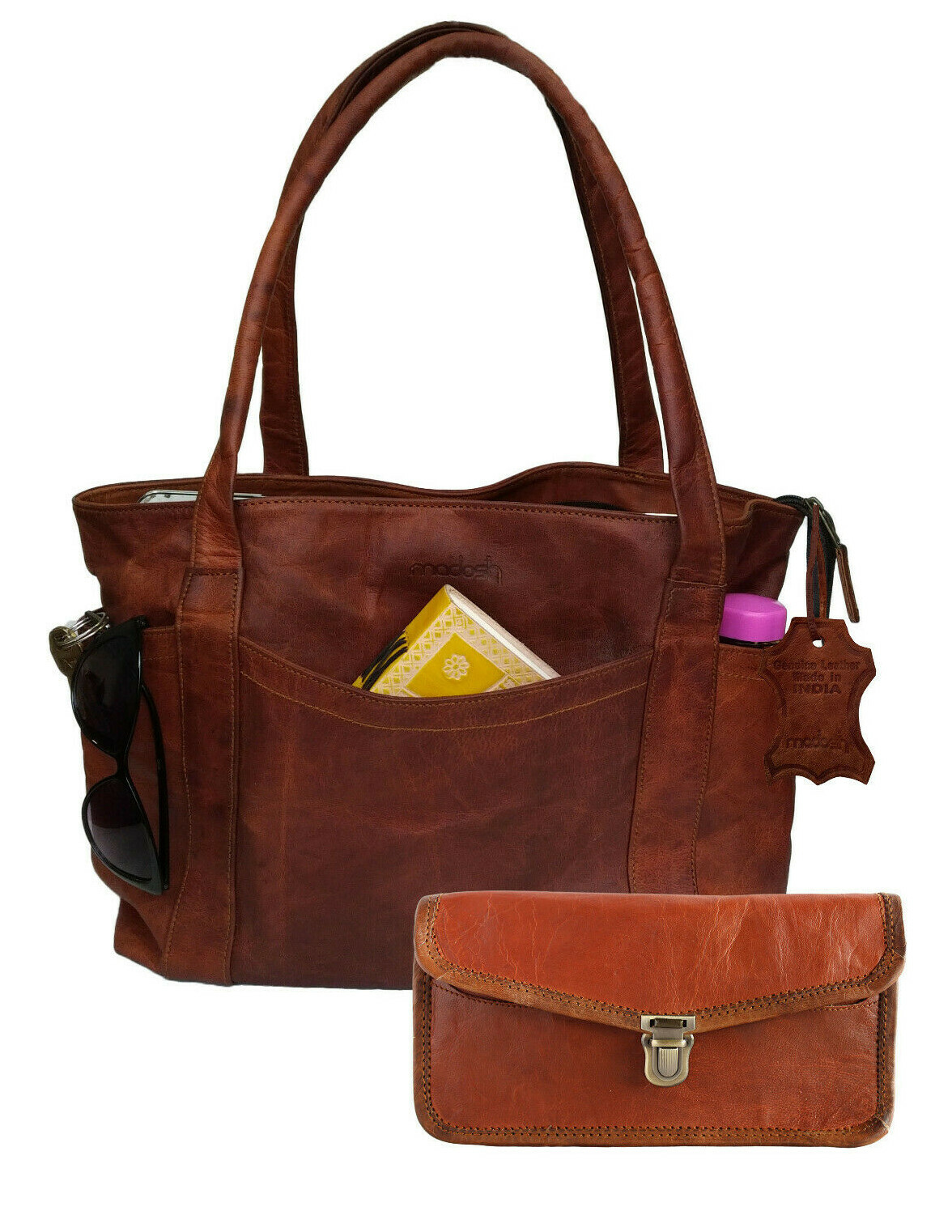 Women Shoulder Tote Bag With Wallet Genuine Leather Office Purse Brown