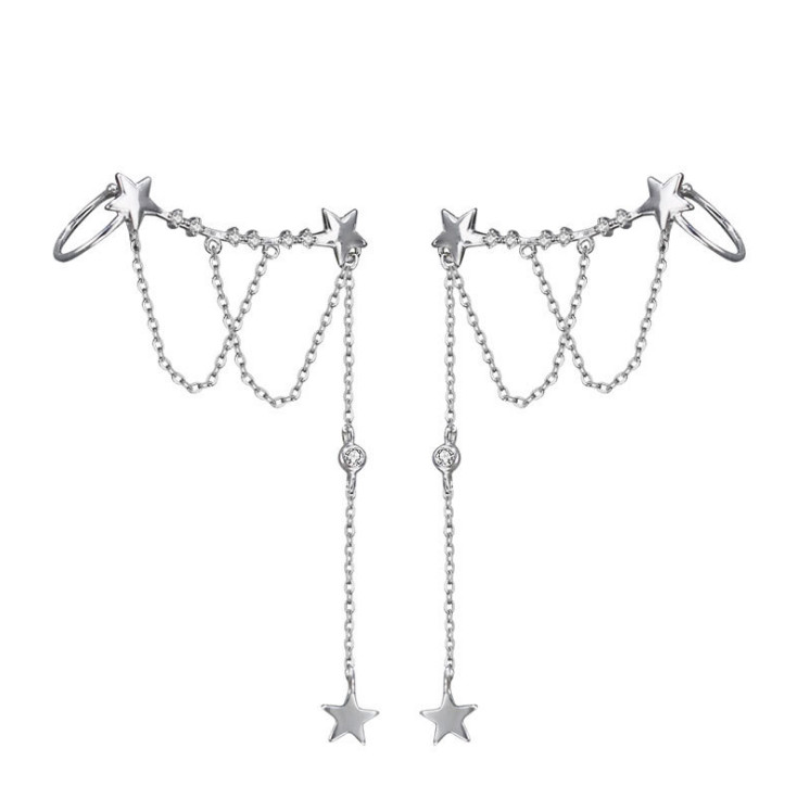 925 Sterling Silver Dangle CZ Tassel Chain Star Ear Curve Cuff Stud Earrings I67