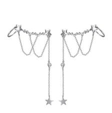 925 Sterling Silver Dangle CZ Tassel Chain Star Ear Curve Cuff Stud Earrings I67