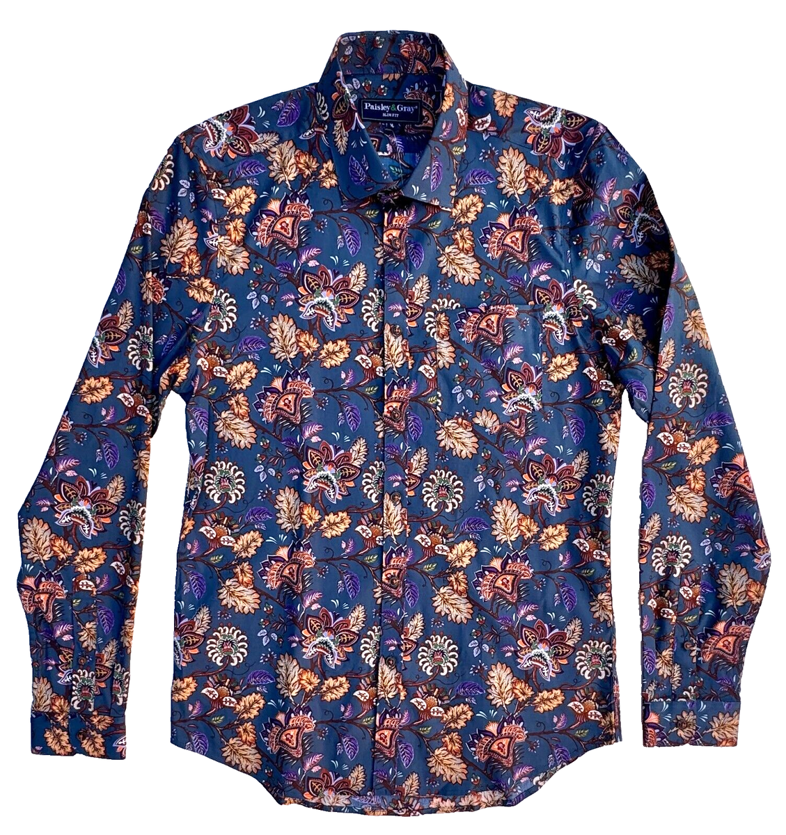 Paisley Gray Slim Fit Shirt TEALMULTI Paisley Button Long Sleeve Men's  SM,MD,L