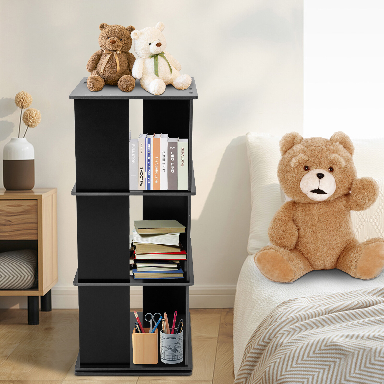 360° Rotating 3-Tier Wood Bookcase Free-Standing Storage Shelf