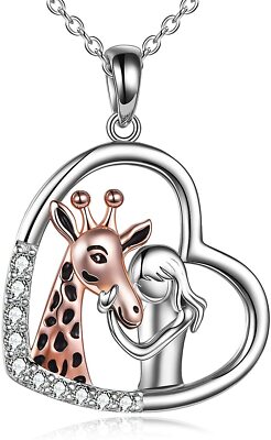 Giraffe Necklace with Girl 925 Sterling Silver Heart Pendant Chain Jewelry  Gifts