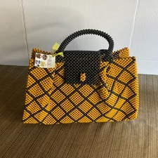 Vintage Hand Beaded Handbag Mustard Yellow Black Diamond Pattern