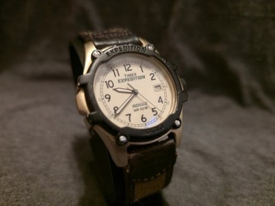 Vintage Timex Expedition Indiglo Date Quartz Analog Silver/Brown Leather Watch