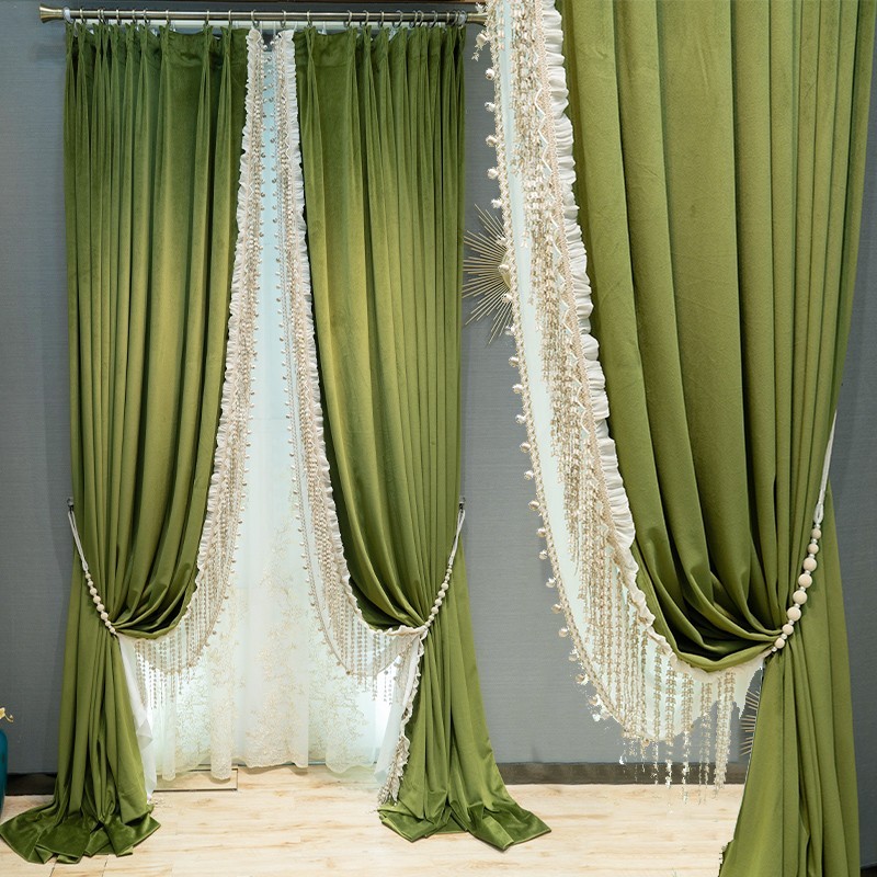 French velvet living room retro olive green blackout curtain tulle