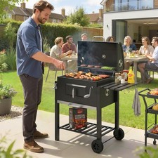Image of Charcoal Grill BBQ Trolley Wheels Garden Metal Barbecue w/ Shelf Black