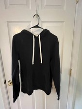Black Cropped Hoodie White Drawstrings Pullover Fleece Size S