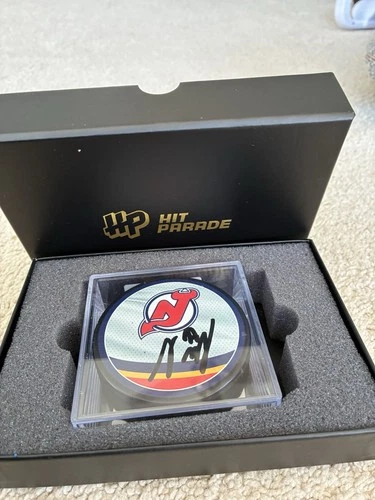SIMON NEMEC SIGNED NEW JERSEY DEVILS HOCKEY PUCK W/ CASE COA