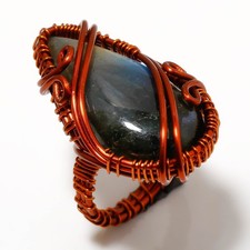 Blue Fire Labradorite Gemstone Wire Wrap Copper Ethnic Jewelry Ring 6.75" PG 629