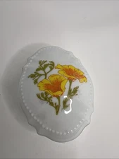 Vntg Oval Yellow Poppy Flowers Porcelain Trinket Box