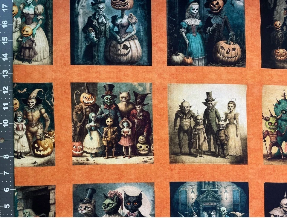 QT Tela Algodón CREEPSVILLE Espeluznante Halloween Familia Paneles Gatos Calabazas Horror Foto 2 de 4