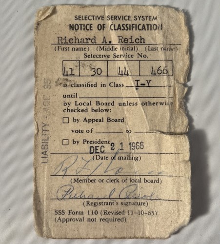 VTG Vietnam War Draft Card 1966 Selective Service Notice/Classification SSS #110