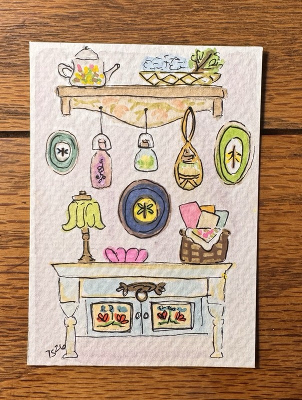 ACEO Original, Home Entry Table, Watercolor Painting, 2.5x3.5