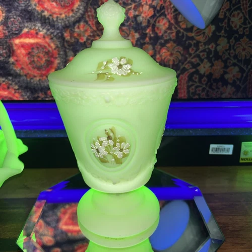 FENTON HP PINK BLOSSOMS ON CUSTARD MEDALLION CANDY DISH URANIUM GLOWS