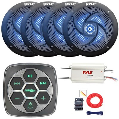 Metra Bluetooth Controller, 4x 4'' 100W Blue LED Boat Speakers, Amplifier, Kit