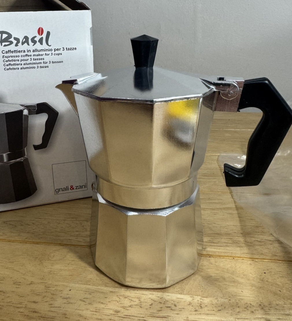 Gnali & Zani 'Brasil' Estufa Italiana 3 Tazas Cafetera Espresso Plateada NUEVA