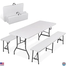 ZENY 6ft White Picnic Table Set with 2 Benches – 3-Piece Dining Set for Parties
