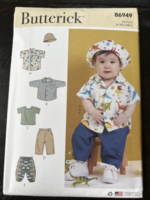 UNCUT Butterick B6949 Infant Baby Shirt, Pants, Hat A (XS-S-M-L) Sewing Pattern