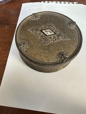 Antique Gold Metal & Glass Round Trinket Box with Ornate Floral Lid