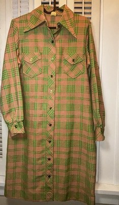 VTG 60/70 s Beeline Fashion Plaid Shirt Dress Union Made Mod Green Tan Med Relax