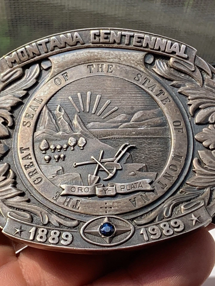Hebilla de zafiro centenario Montana 1989 plata esterlina detallada pesada vintage Foto 2 de 3