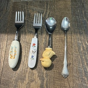 Vintage Kids Silverware Child  Toddler Size Flatware Utensils Spoon Knife Duck