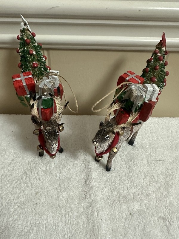 2 Pottery Barn Stag Reindeer With Gifts Bottlebrush Ornament ~Christmas NWOT