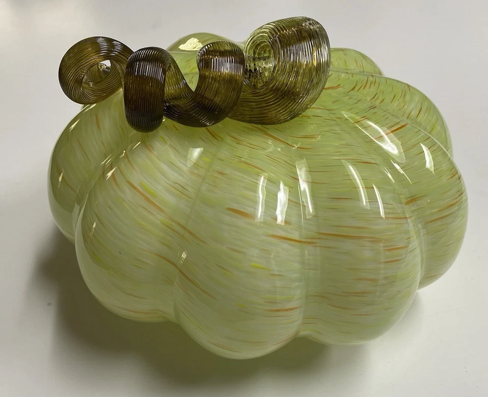 Hand Blown Art Glass Pumpkin Orange Green Flecks Twisted Reeded Clear Stem 9” - Image 3 of 4