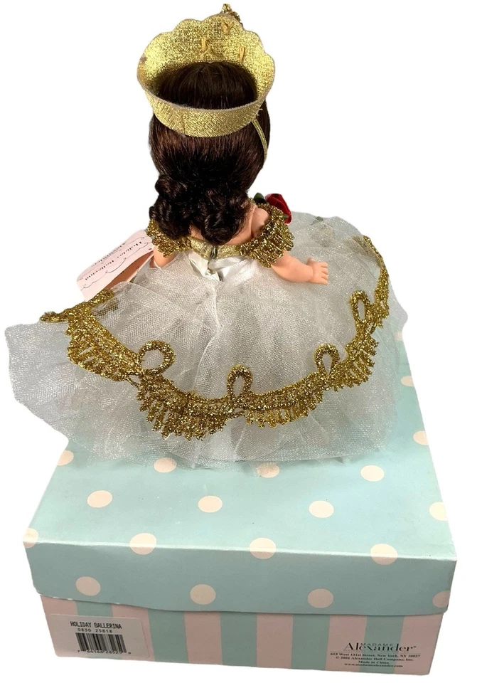Vtg 2001 Madame Alexander Holiday Ballerina # 28525 Blanco con vestido dorado EUC Foto 4 de 4