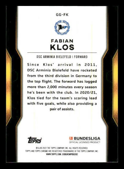 2021-22 Topps Bundesliga #GG-FK Fabian Klos Golden DSC Arminia Bielefeld - Image 2 of 2