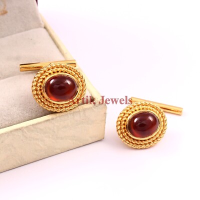 Natural Hessonite Garnet Gemstone Gold Plated 925 Sterling Silver Cufflink #163