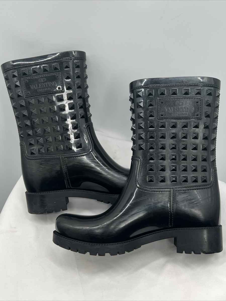 VALENTINO Garavani Rockstud black rubber PVC waterproof rainboots Sz  ~IT38